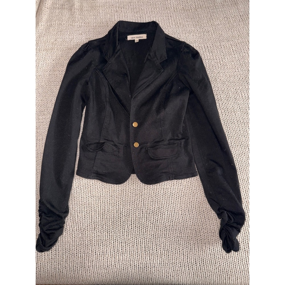 Steve Madden Vintage Black Peacock Glitter Blazer Ruched Sleeve Jacket SM2542J S